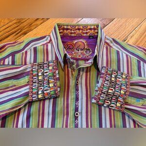 Robert Graham Multi-Colored Long Sleeve Striped Dress Shirt Men's Sz L Flip Cuff
